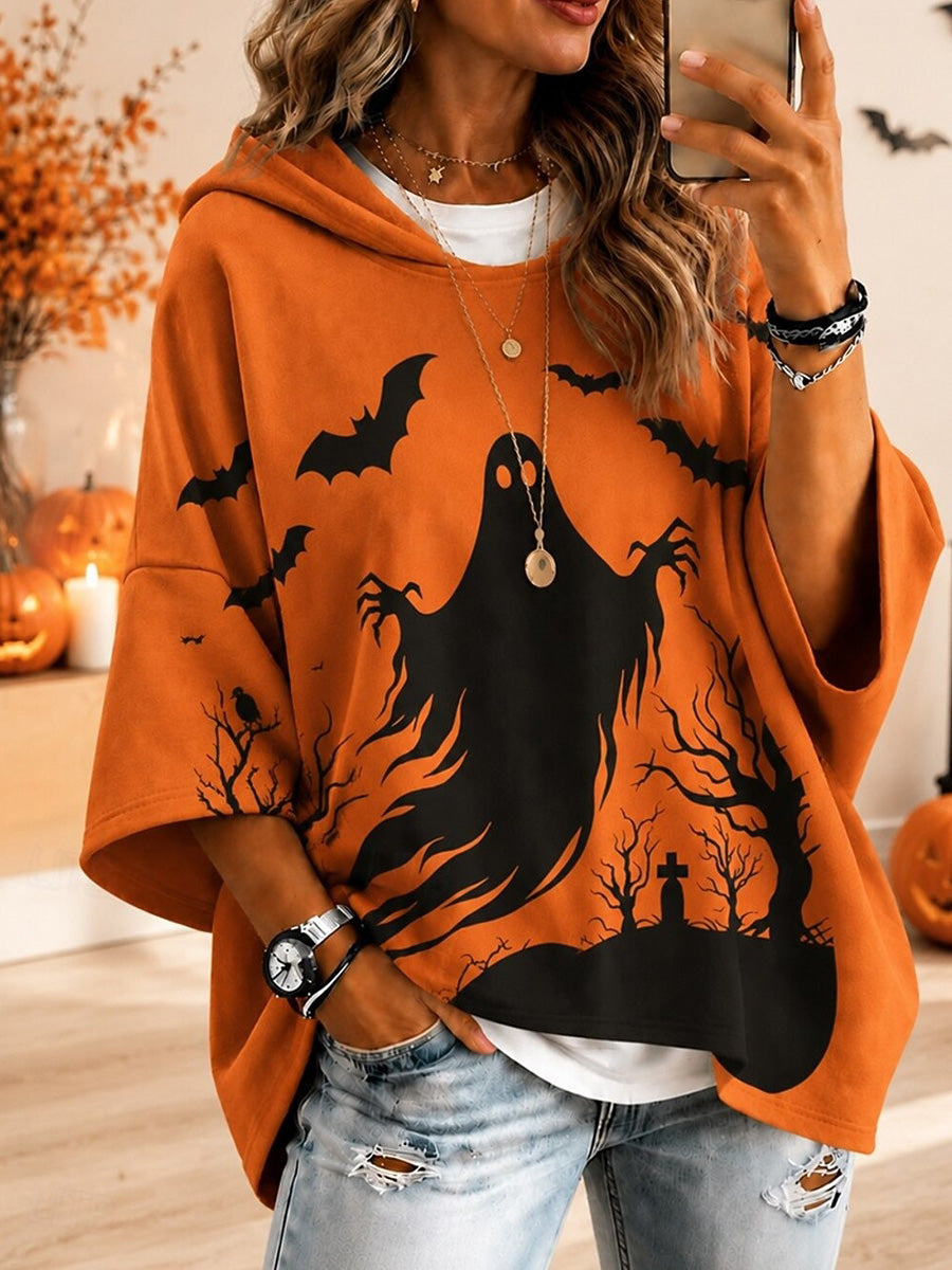 Halloween Print Hooded 3/4 Sleeve Sweatshirt