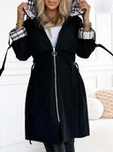 Hooded Plaid Print Long Trench Coat