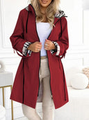 Hooded Plaid Print Long Trench Coat