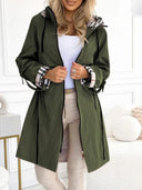 Hooded Plaid Print Long Trench Coat