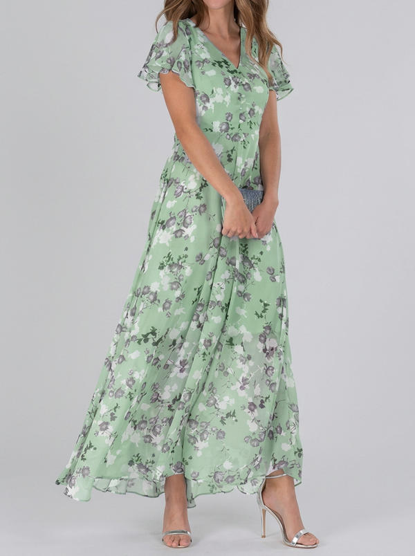 Elegant V-Neck Chiffon Printed Maxi Dress