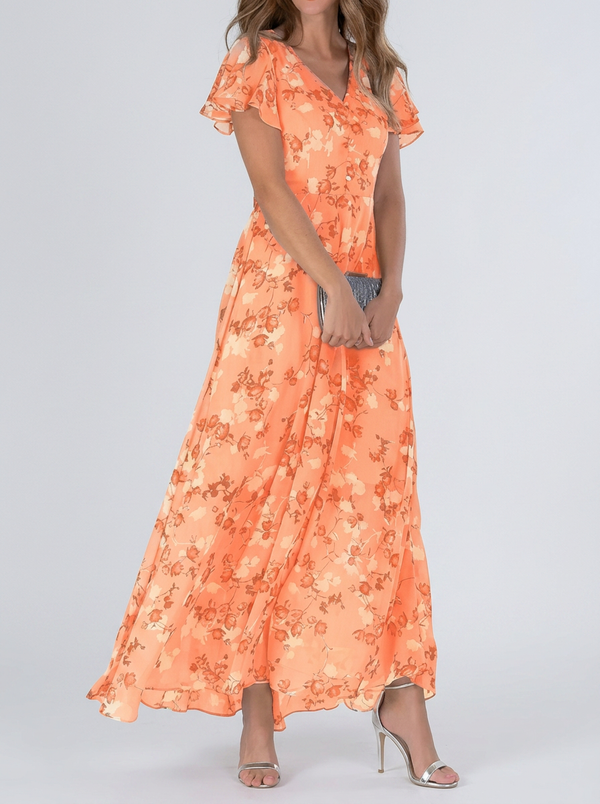 Elegant V-Neck Chiffon Printed Maxi Dress