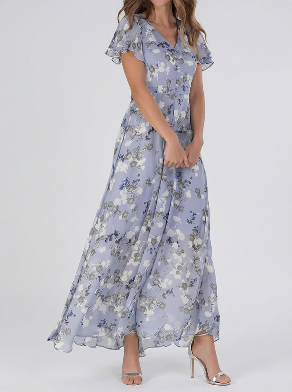 Elegant V-Neck Chiffon Printed Maxi Dress