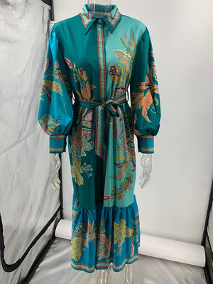 Lantern Sleeve Vintage Print Dress