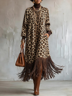 Leopard Print Fringe Maxi Dress