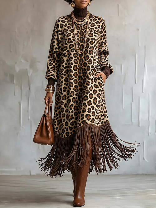 Leopard Print Fringe Maxi Dress