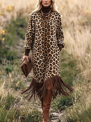 Leopard Print Fringe Maxi Dress