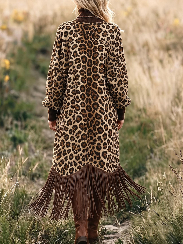 Leopard Print Fringe Maxi Dress