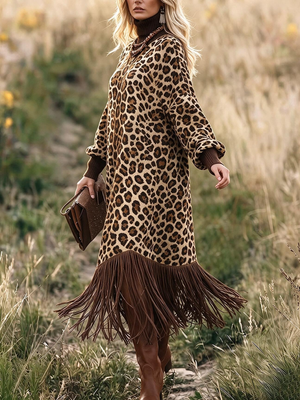 Leopard Print Fringe Maxi Dress