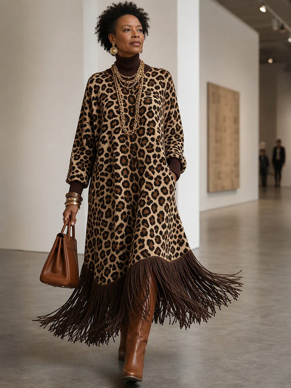 Leopard Print Fringe Maxi Dress