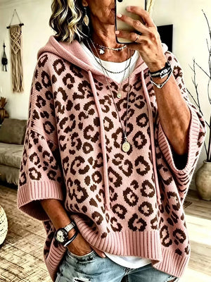 Leopard Print Hooded Knit Sweater