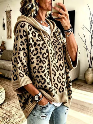 Leopard Print Hooded Knit Sweater