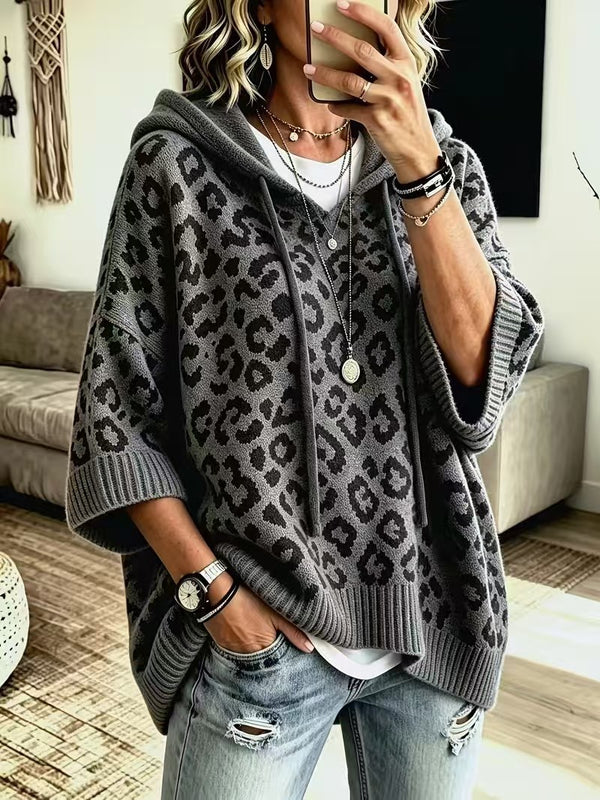 Leopard Print Hooded Knit Sweater