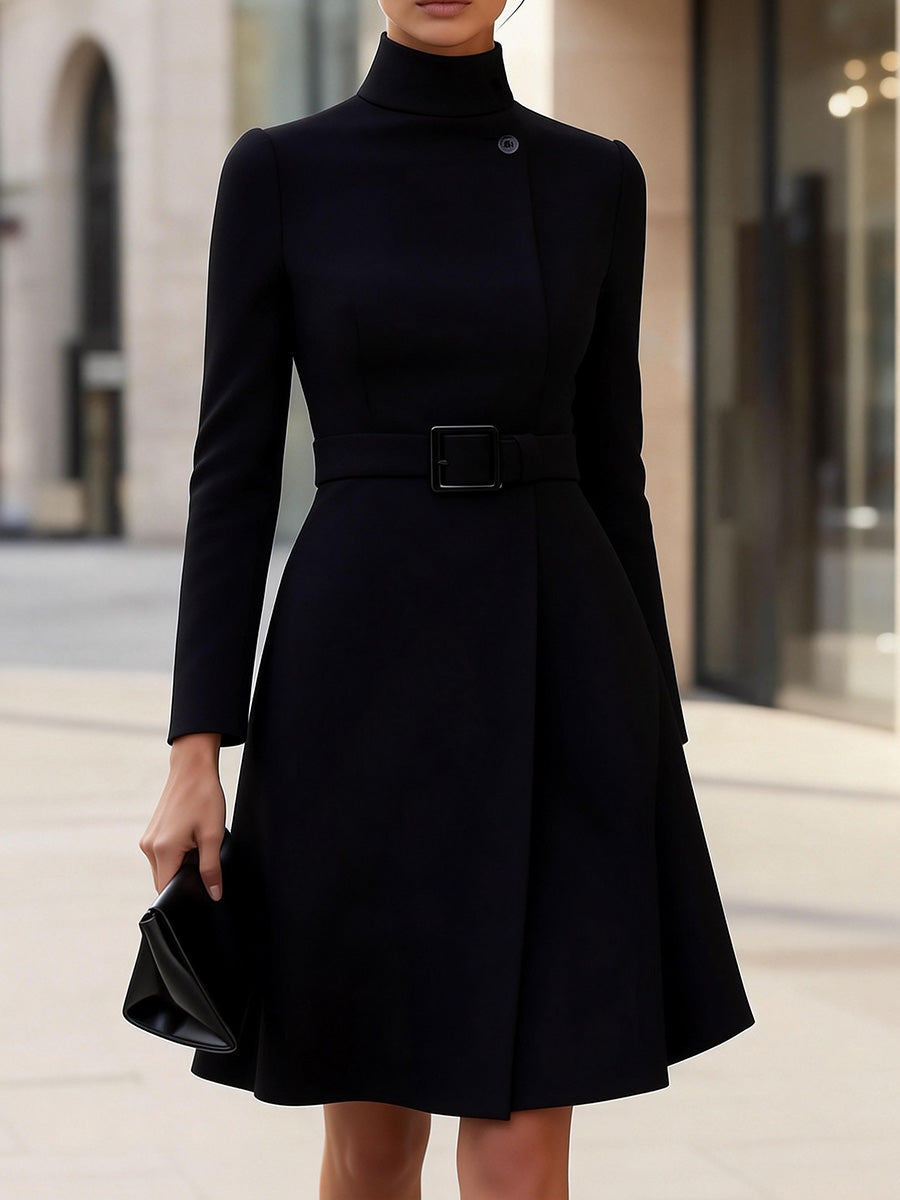 Long-Sleeve Belted Elegant Dress