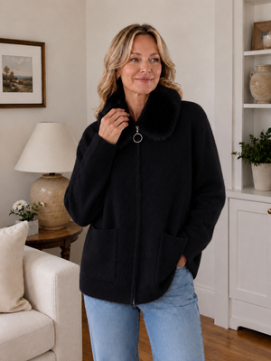 Luxurious Fur Collar Knit Sweater Jacket