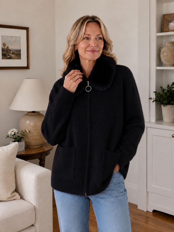 Luxurious Fur Collar Knit Sweater Jacket