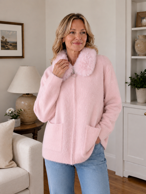 Luxurious Fur Collar Knit Sweater Jacket