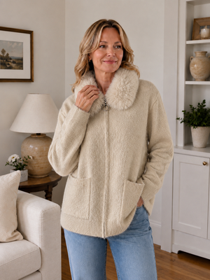 Luxurious Fur Collar Knit Sweater Jacket