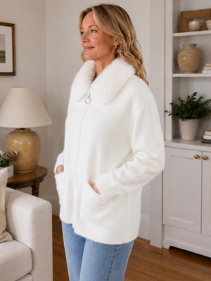 Luxurious Fur Collar Knit Sweater Jacket