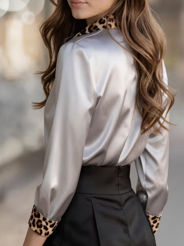 Luxury Leopard Satin Long-Sleeve Blouse
