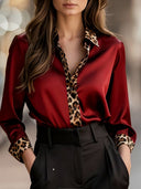 Luxury Leopard Satin Long-Sleeve Blouse