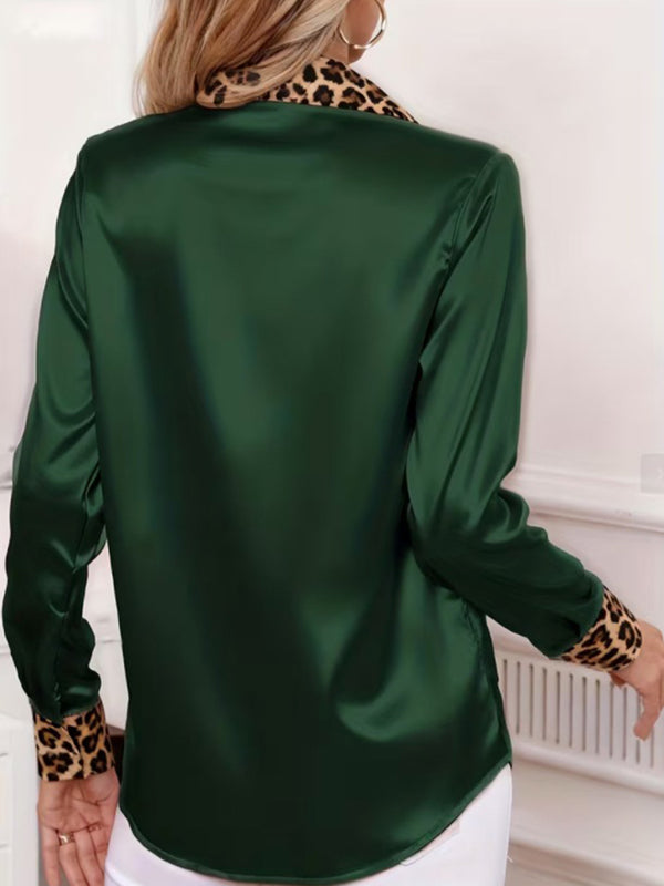 Luxury Leopard Satin Long-Sleeve Blouse