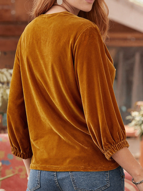 Luxury Solid-Color Velvet Long-Sleeve Top