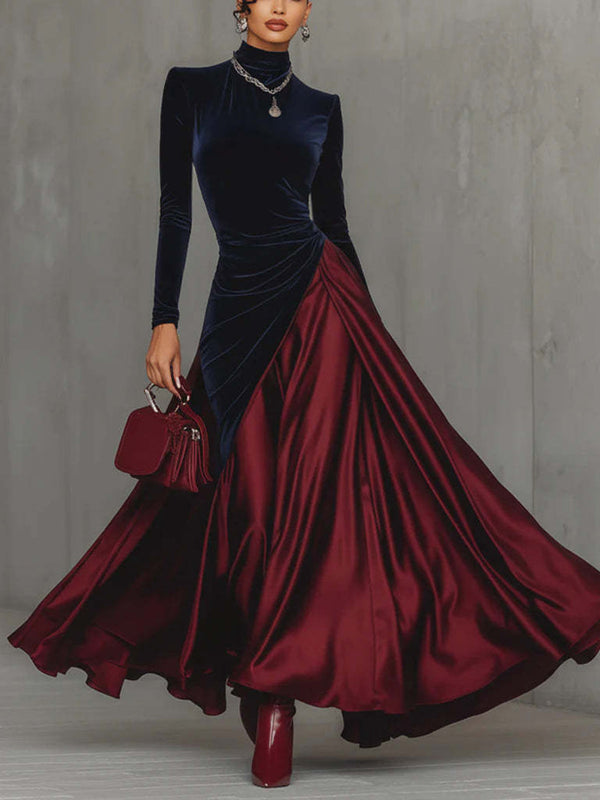 Luxury Velvet Colorblock Patchwork High Neck Evening Dress