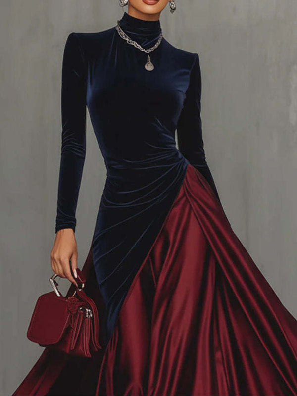 Luxury Velvet Colorblock Patchwork High Neck Evening Dress
