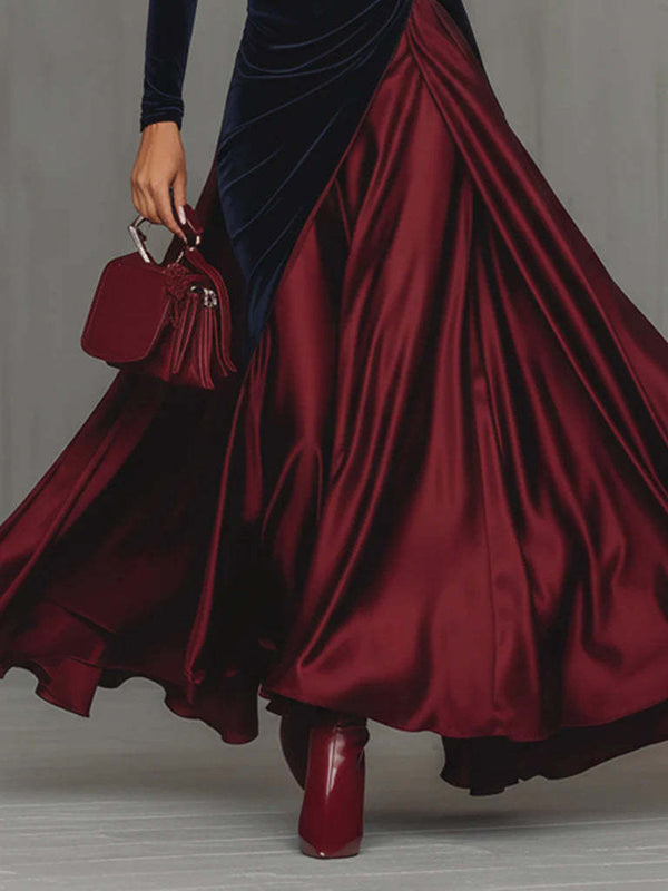 Luxury Velvet Colorblock Patchwork High Neck Evening Dress