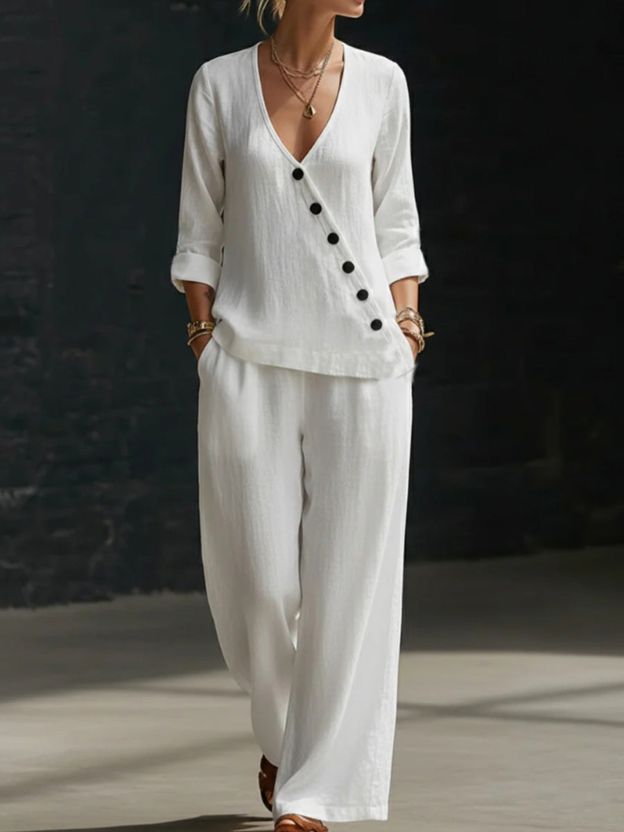Minimalist Linen Blend Button Detail Two-Piece Set