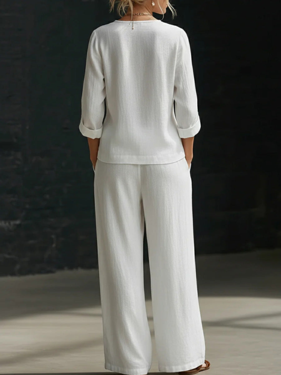 Minimalist Linen Blend Button Detail Two-Piece Set