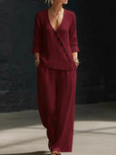 Minimalist Linen Blend Button Detail Two-Piece Set
