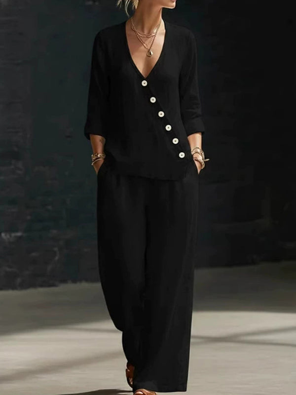 Minimalist Linen Blend Button Detail Two-Piece Set