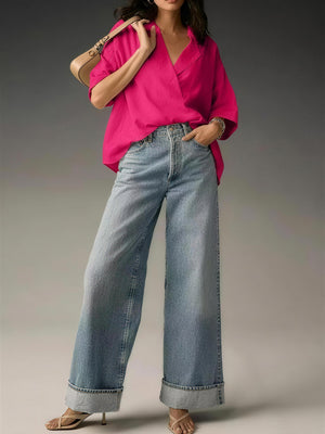 Minimalist Solid Color Short Sleeve Collared Top