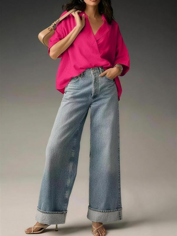 Minimalist Solid Color Short Sleeve Collared Top