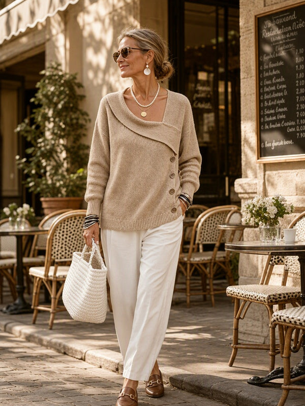 Modern Asymmetric Button Knit Sweater
