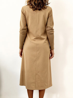 Modern Knit-Sleeve Casual Zipper Dress