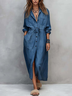 Casual Long Sleeve Drawstring Maxi Dress