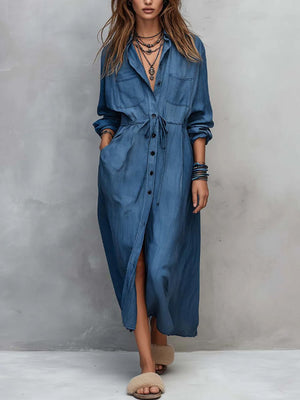 Casual Long Sleeve Drawstring Maxi Dress