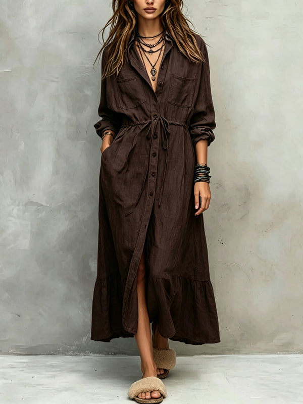 Casual Long Sleeve Drawstring Maxi Dress