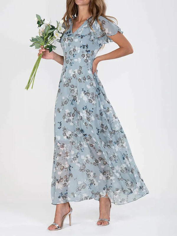 Elegant V-Neck Chiffon Printed Maxi Dress