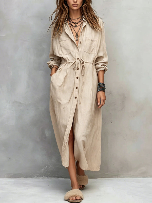 Casual Long Sleeve Drawstring Maxi Dress