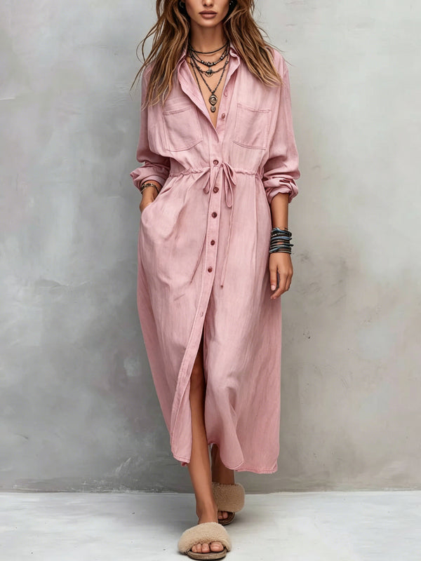 Casual Long Sleeve Drawstring Maxi Dress