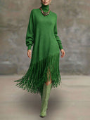 Boho Fringe Knit Midi Dress