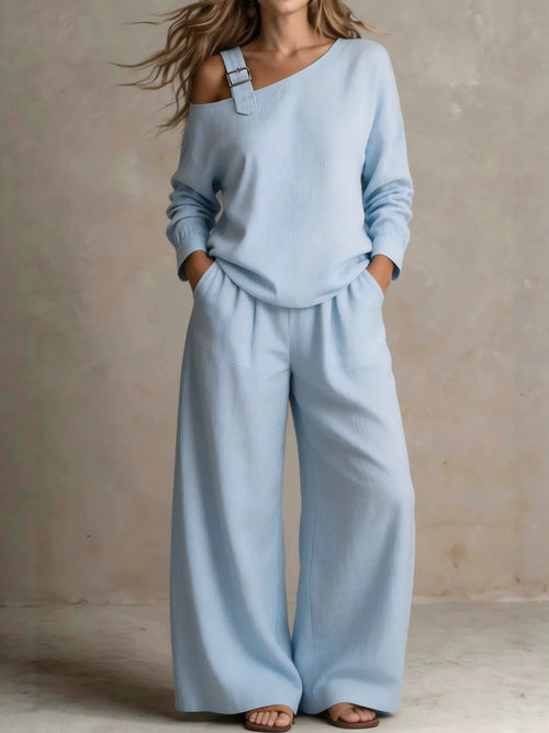 One Shoulder Linen Blend Vacation Set