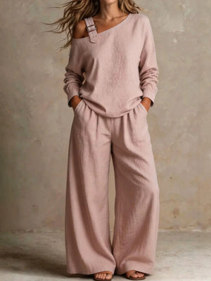 One Shoulder Linen Blend Vacation Set