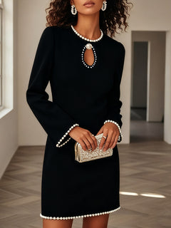 Pearl-Embellished Long Sleeve Mini Dress