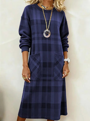Plaid Long-Sleeve Elegant Midi Dress