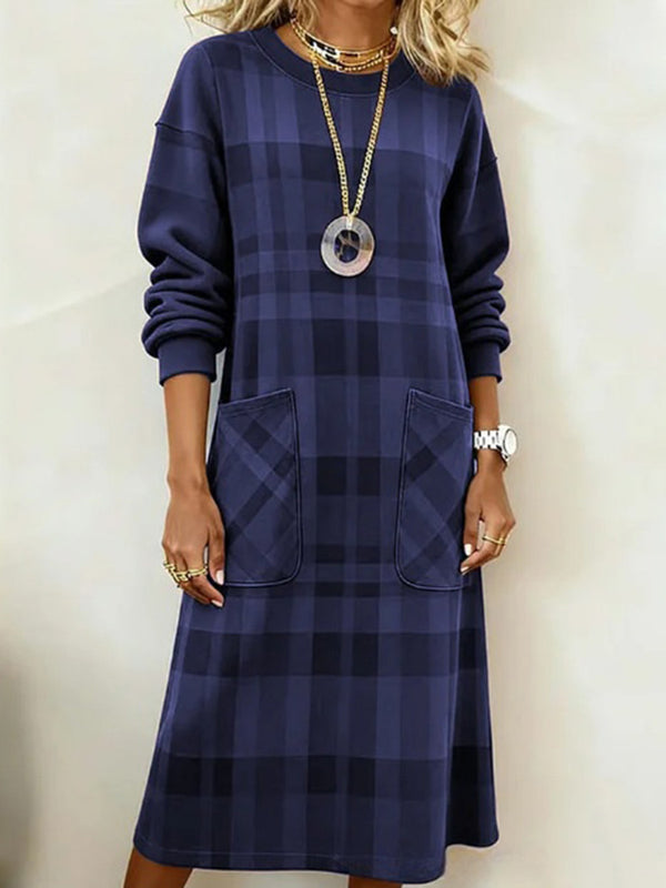 Plaid Long-Sleeve Elegant Midi Dress